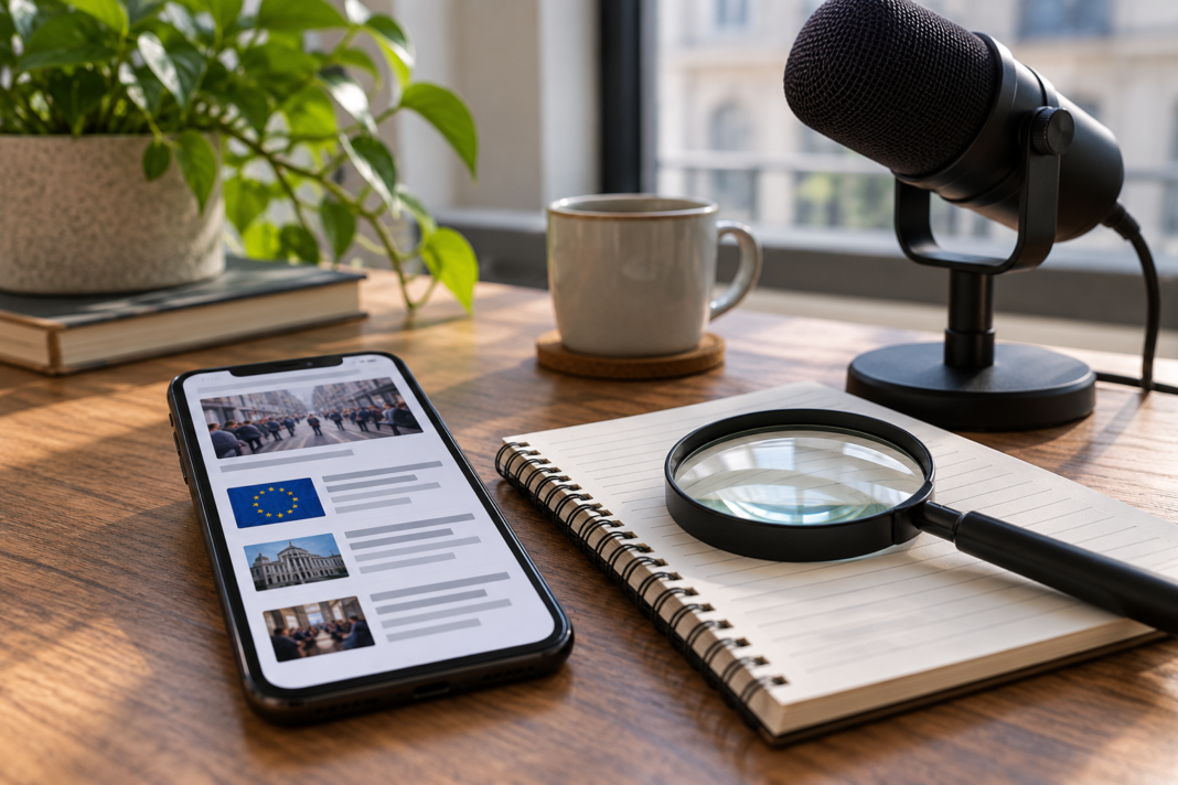 Before You Share: A Practical Conversation About Media Literacy A smartphone displaying a stylised news feed beside a magnifying glass, notebook and podcast microphone.