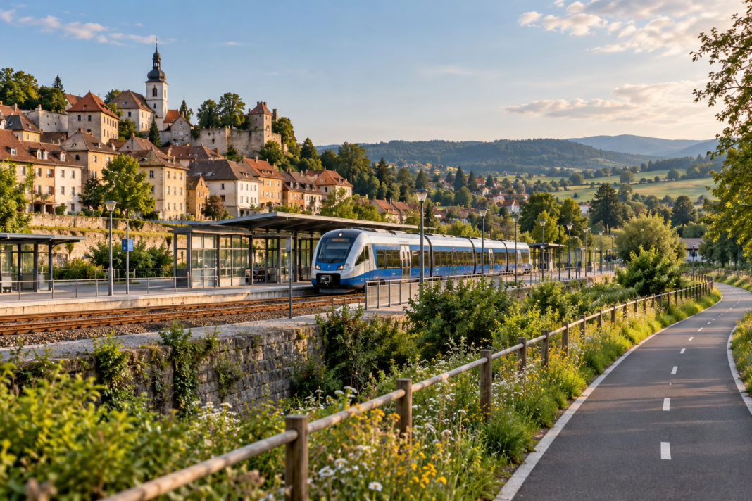 Beyond the Big Cities: What Regional Development Means Locally A modern regional train at a station beside a European town, green countryside and a cycle path.