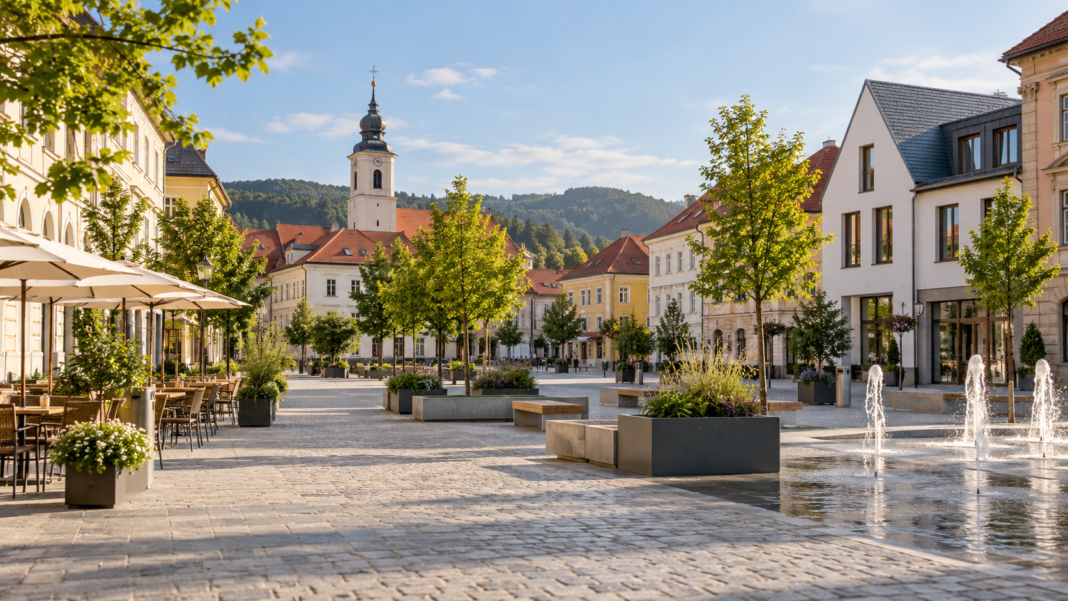 A pedestrian square with trees, seating and fountains surrounded by town buildings.