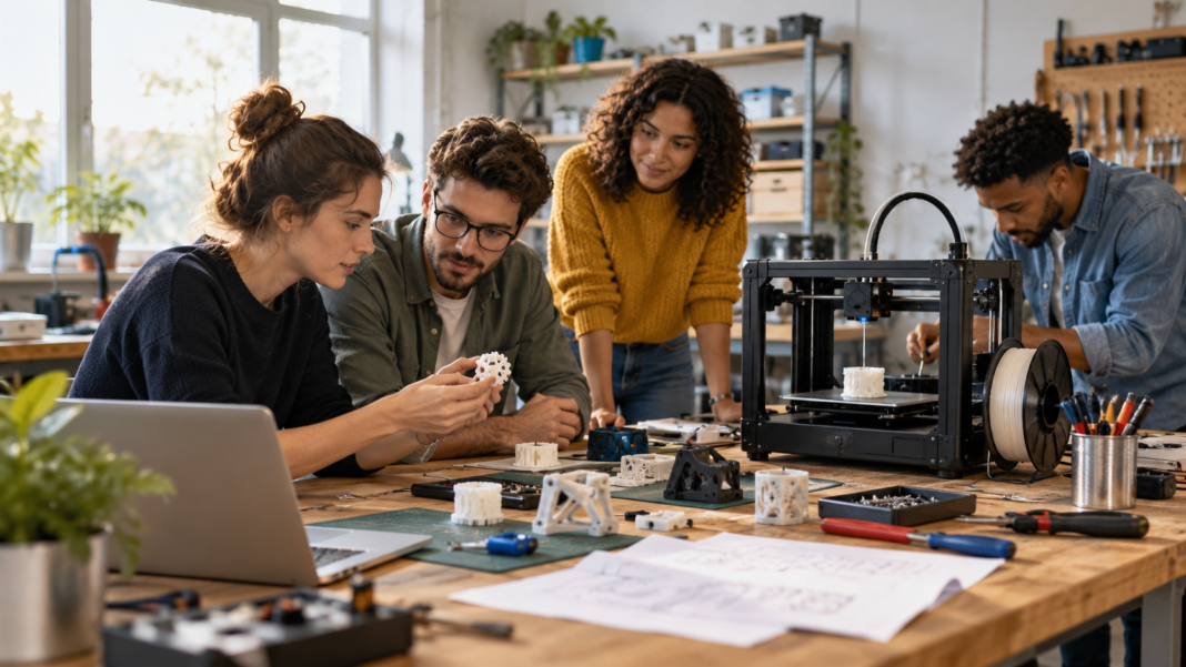 Regional Innovation: Build on Strengths You Can Identify Four people work around a 3D printer and prototype parts in a shared workshop.