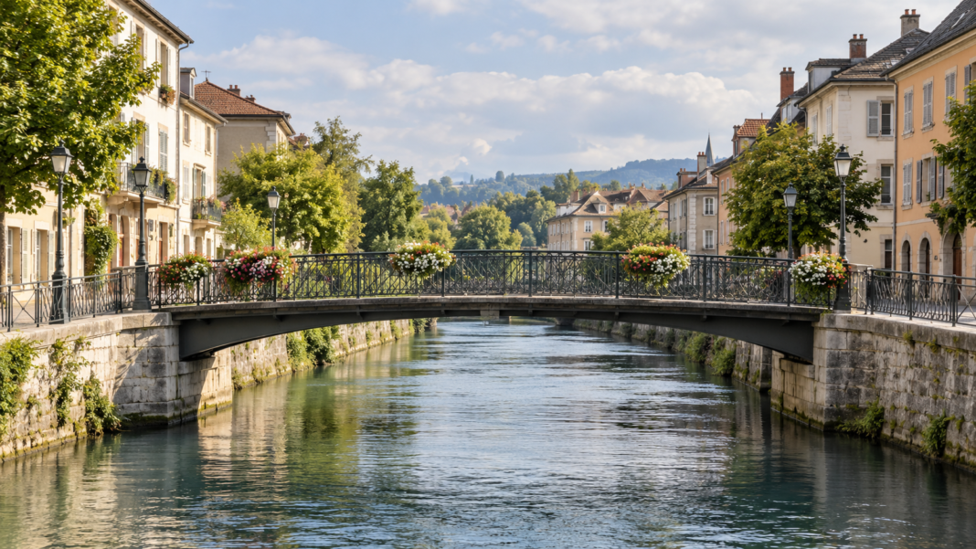 Interreg Cooperation: Shared Problems Need Shared Definitions A small pedestrian bridge crossing a river between streets lined with buildings.