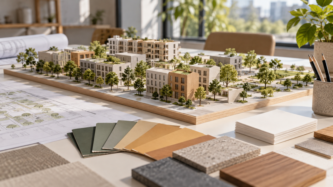 Local Planning: Connect the Strategy to the Neighbourhood An architectural neighbourhood model, material samples and note cards on a planning table.