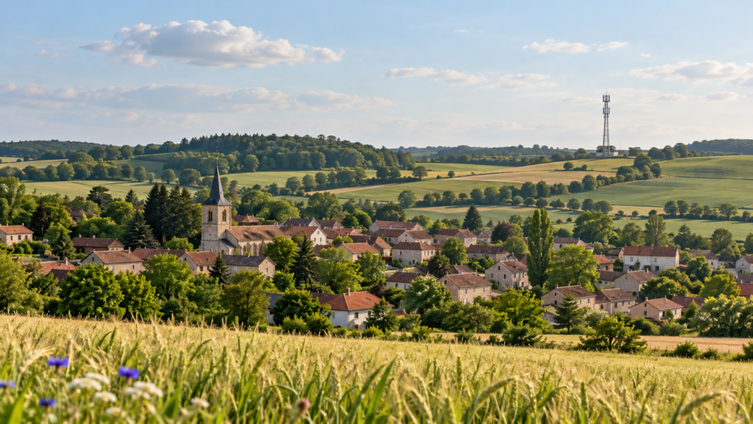 Rural Connections: Transport and Digital Access Together A village amid fields with a telecommunications mast on a distant hill.