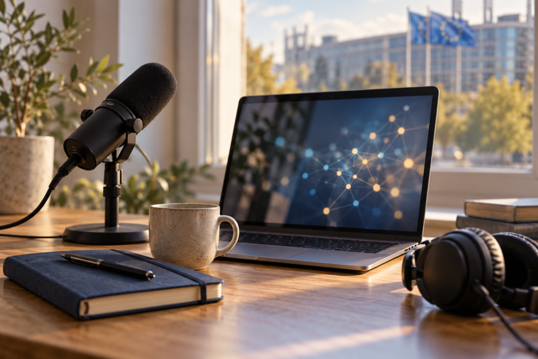 A laptop showing an abstract network beside a podcast microphone, headphones and a notebook.