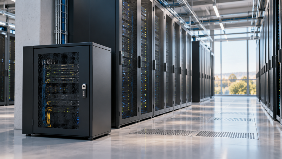 Cloud Services: Start with the Work That Must Continue Rows of server racks and a small locked cabinet in a data centre.