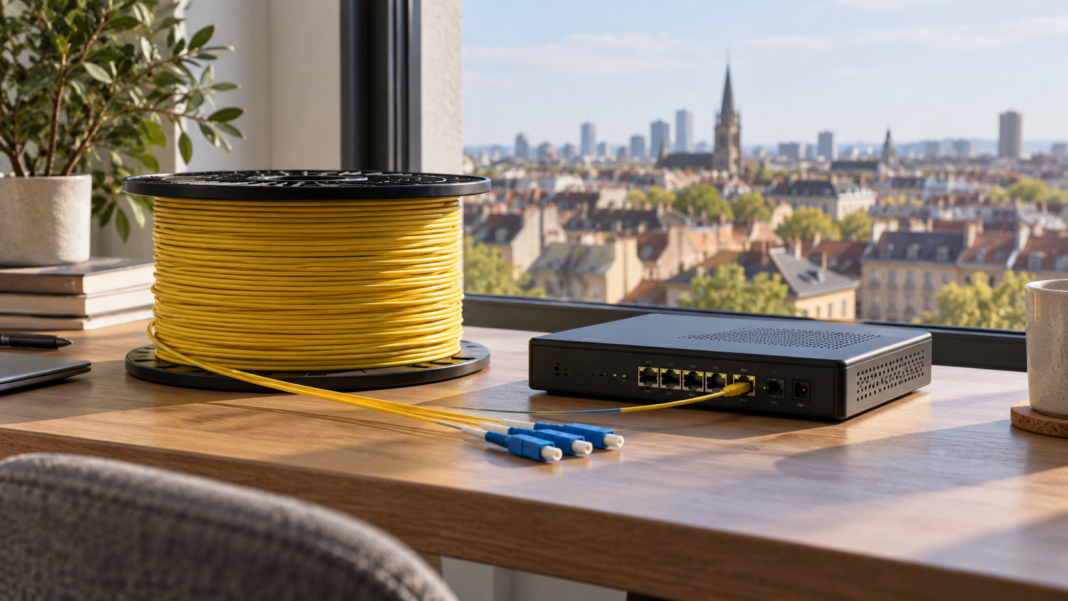 Digital Connectivity: Coverage Is One Part of Access A spool of yellow cable and a network router on a desk overlooking rooftops.