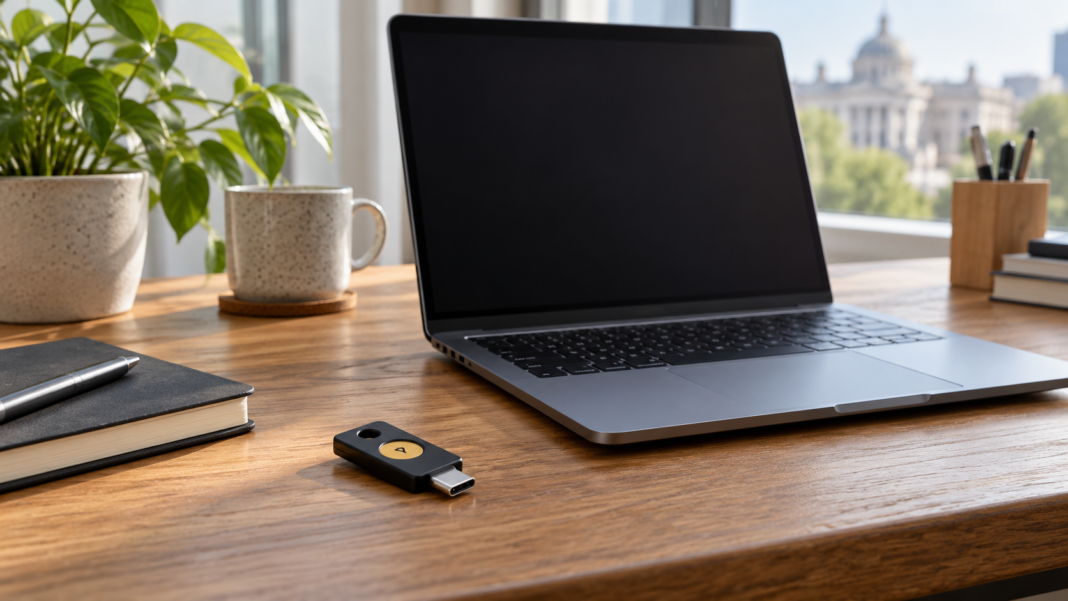 Cybersecurity Planning: Name the Work You Need to Protect A physical security key beside a laptop with a dark screen.