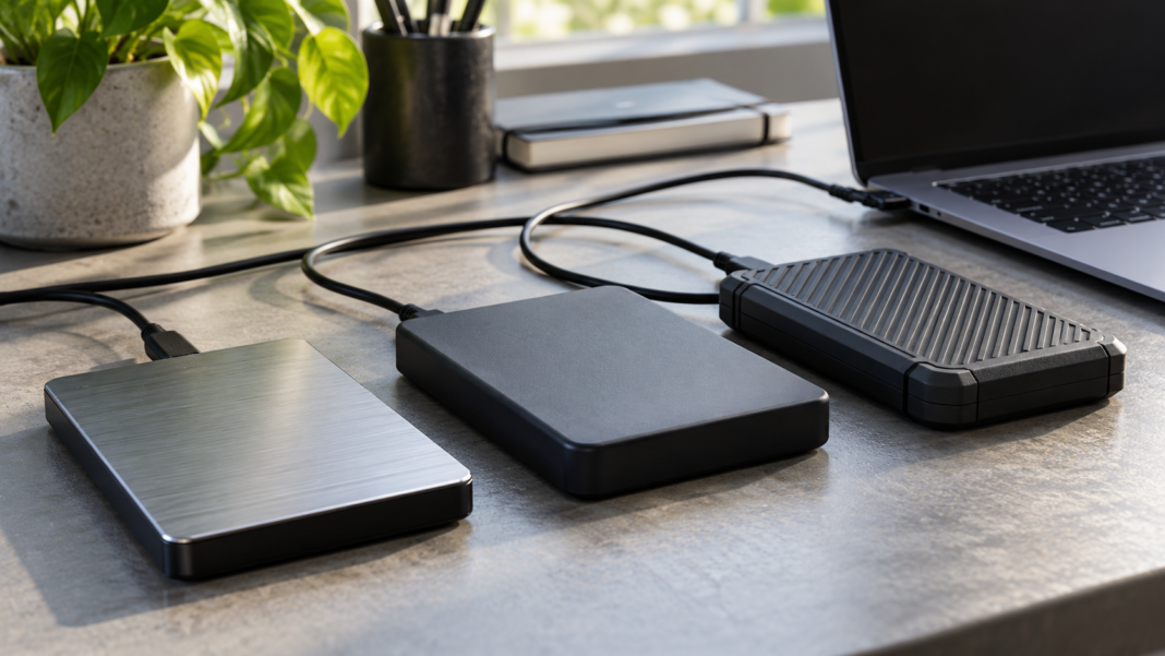 Data Sharing: Common Rules Before Common Files Three external storage drives connected by cables beside a laptop.