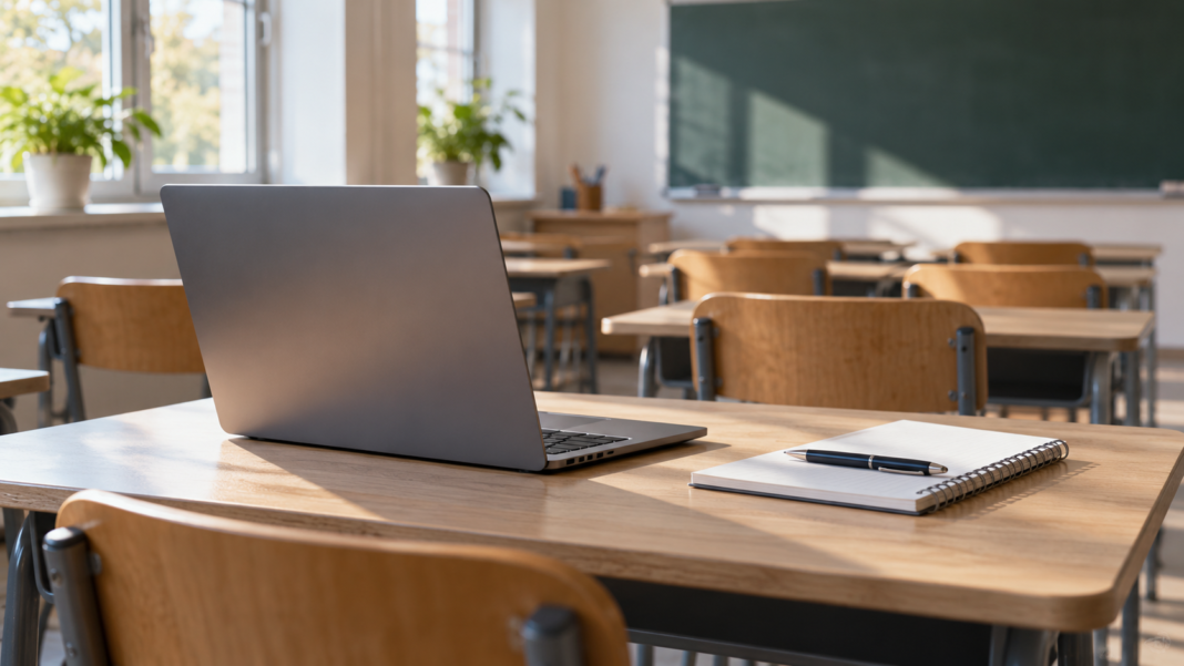 Digital Skills: Measuring Confidence Through Real Tasks A laptop, notebook and pen on a desk in an empty classroom.