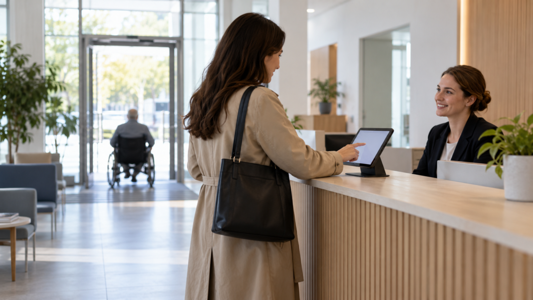 Digital Public Services: Follow the Whole User Journey A visitor uses a tablet at a reception desk while a staff member assists.