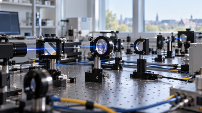 tech-quantum Optical lenses and mirrors arranged along a blue light beam on a laboratory table.