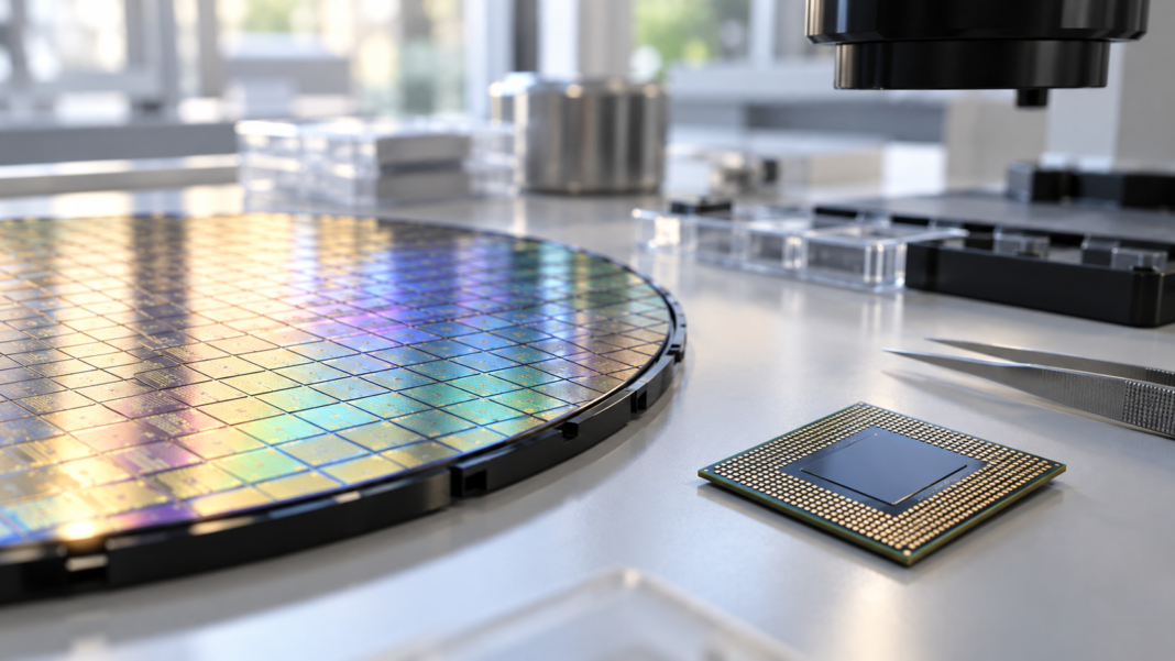 A semiconductor wafer and a microchip on an electronics workbench.