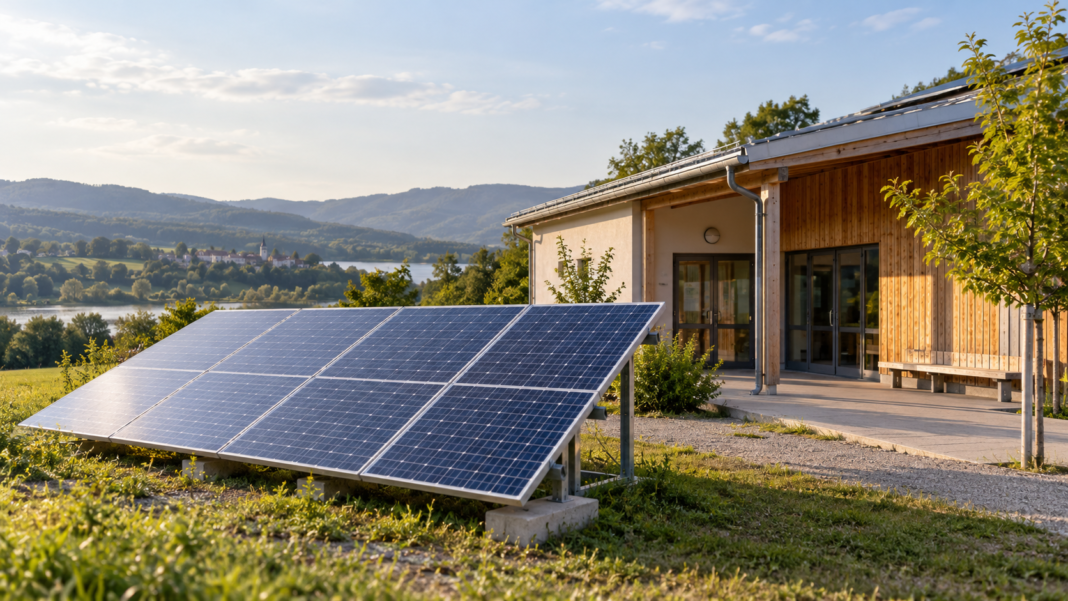 Energy Access: Reliability Matters Alongside Connection Solar panels beside a small community building in a green landscape.