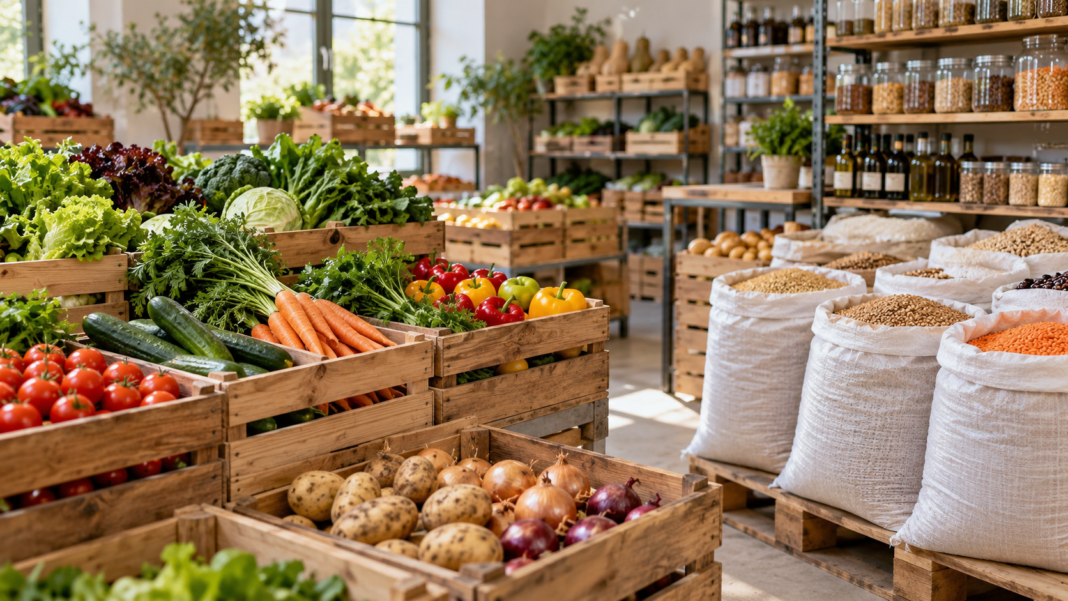 Crates of vegetables and open sacks of grain in a food store.