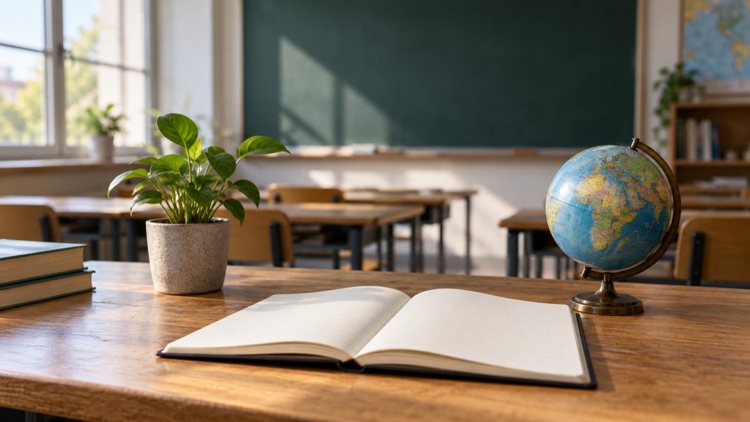 Sustainability Education: Turn Big Themes into Clear Questions An open notebook, a globe and a potted plant on a desk in an empty classroom.