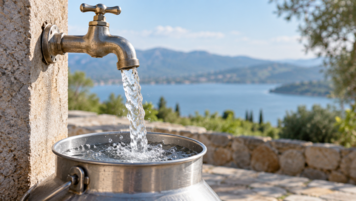 world-water Water flows from a wall-mounted tap into a metal container.
